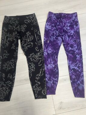 Athleta 2-Pair BUNDLE Performance Leggings Purple & Black Floral High-Rise Sz M